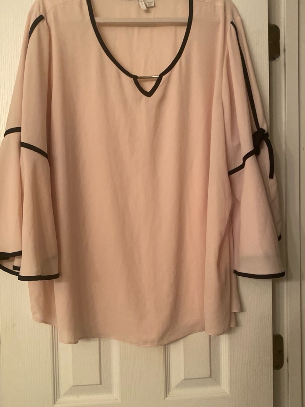 Blush Pink Chiffon Bell-Sleeve Blouse with Contrast Trim